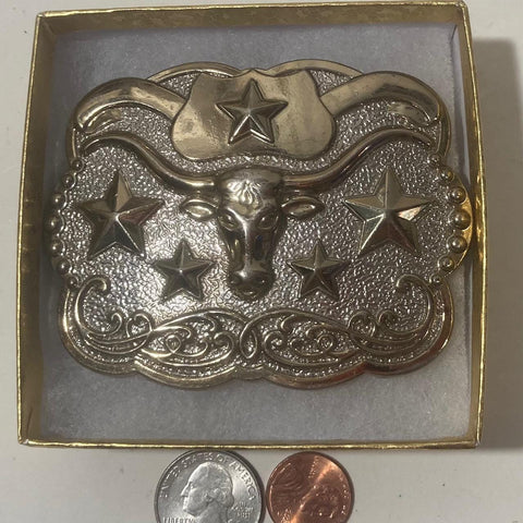 Vintage Metal Belt Buckle, Nice Longhorn Bull, Cow, Steer, Nice Western Design, 3 1/2" x 2 3/4", Quality, Heavy Duty