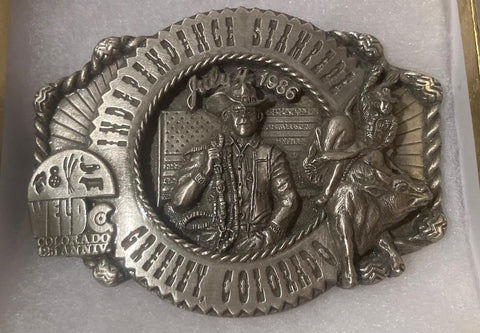 Vintage 1986 Metal Belt Buckle, Greeley Independence Stampede, Colorado, Weld, 3" x 2 1/2", World's Largest 4th of July Rodeo, Nice Design