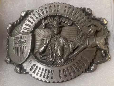 Vintage 1990 Metal Belt Buckle, Greeley Independence Stampede, Colorado, All America City, 3" x 2 1/2", World's Largest 4th of July Rodeo