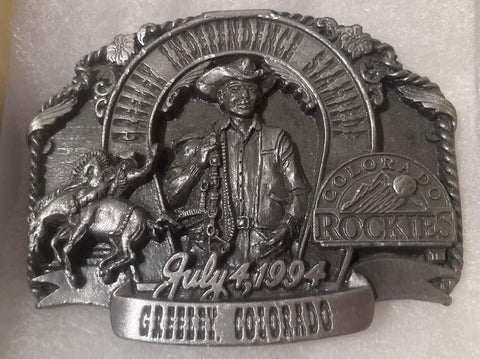 Vintage 1994 Metal Belt Buckle, Greeley Independence Stampede, Colorado, Rockies, 3" x 2 1/2", World's Largest 4th of July Rodeo, Nice