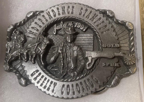 Vintage 1991 Metal Belt Buckle, Greeley Independence Stampede, Colorado, Gold Spur, 3" x 2 1/2", World's Largest 4th of July Rodeo, Nice