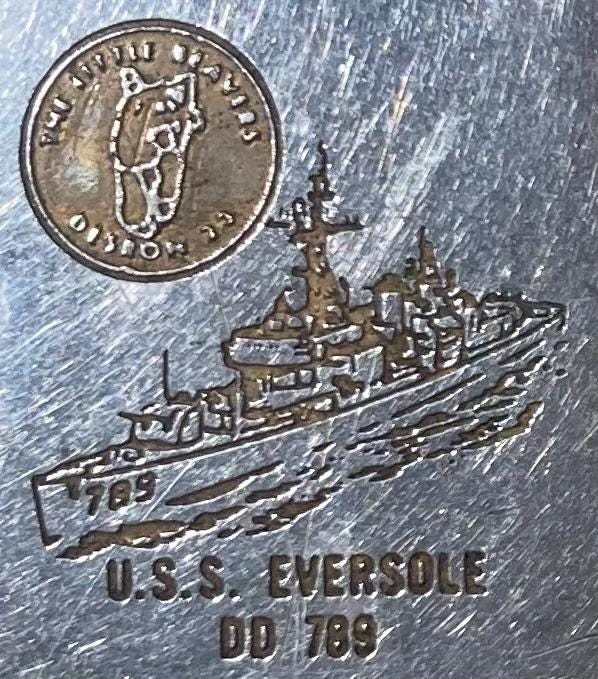 Vintage Metal Zippo Lighter, U.S.S. Eversole DD-789, Destroyer, Ship, Navy, Command, Zippo, Made in USA, Cigarettes.