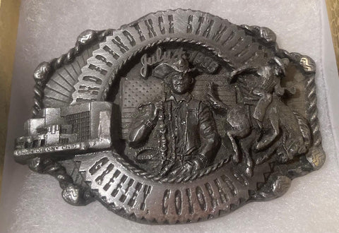 Vintage 1988 Metal Belt Buckle, Greeley Independence Stampede, Colorado, Bronco Busting, 3" x 2 1/2", World's Largest 4th of July Rodeo