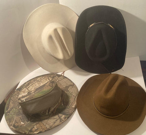 Vintage Lot of 4 Cowboy Hats, Fedoras, Camo, Size Larges and 6 3/8", Quality, Cowboy, Western Wear, Rancher, Sun Shade, Very Nice Hats