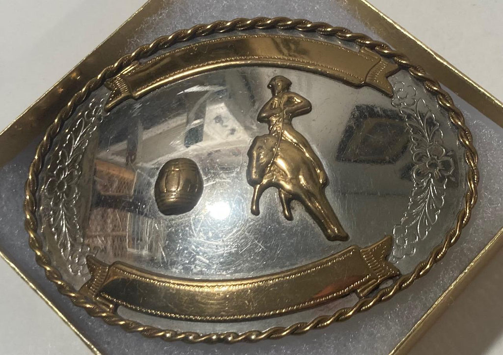 Vintage Metal Belt Buckle, Silver and Brass, Barrel Racing, Rodeo, Nice Design, 3 3/4" x 2 3/4", Heavy Duty, Quality, Thick Metal