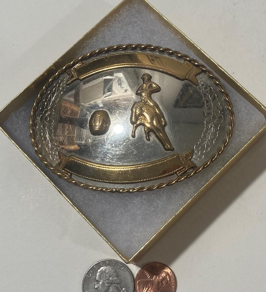 Vintage Metal Belt Buckle, Silver and Brass, Barrel Racing, Rodeo, Nice Design, 3 3/4" x 2 3/4", Heavy Duty, Quality, Thick Metal