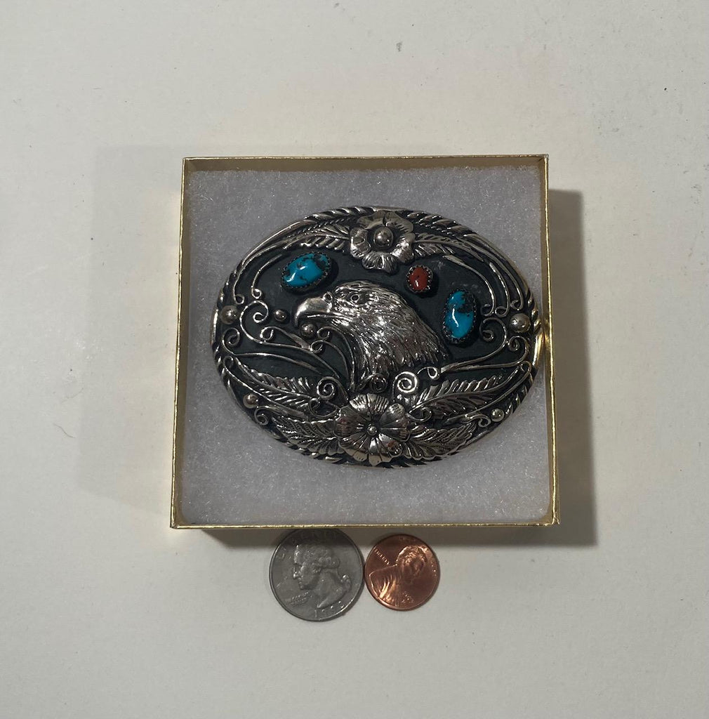 Vintage Metal Belt Buckle, Nice American Bald Eagle, Blue and Red Turquoise Stones, Handcrafted, Nice Design, 3 1/4" x 2 1/2", Heavy Duty