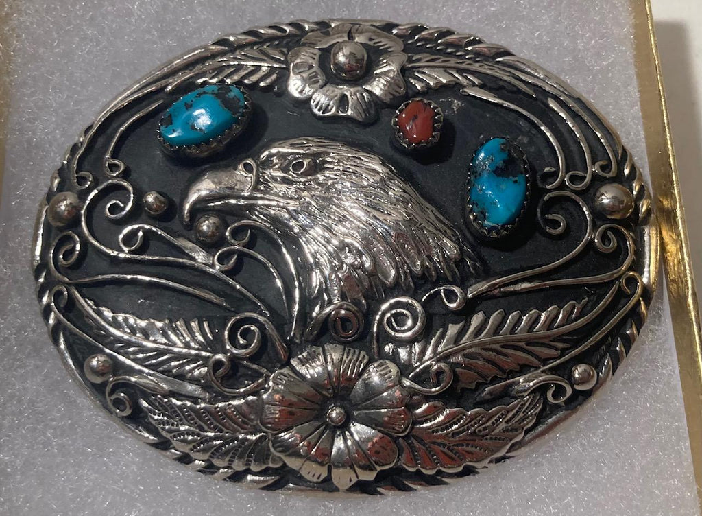 Vintage Metal Belt Buckle, Nice American Bald Eagle, Blue and Red Turquoise Stones, Handcrafted, Nice Design, 3 1/4" x 2 1/2", Heavy Duty