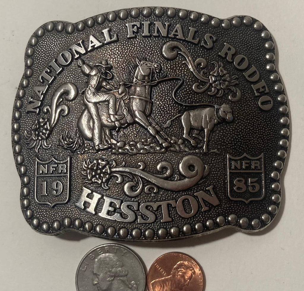 Vintage 1985 Metal Belt Buckle, NFR, National Finals Rodeo, Hesston, Nice Design, 3 3/4" x 3", Heavy Duty, Quality, Made in USA, Thick Metal