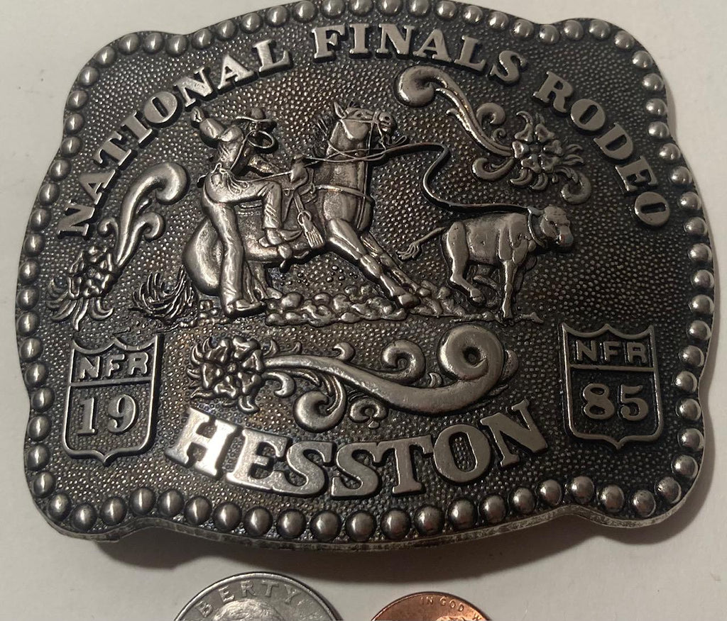 Vintage 1985 Metal Belt Buckle, NFR, National Finals Rodeo, Hesston, Nice Design, 3 3/4" x 3", Heavy Duty, Quality, Made in USA, Thick Metal