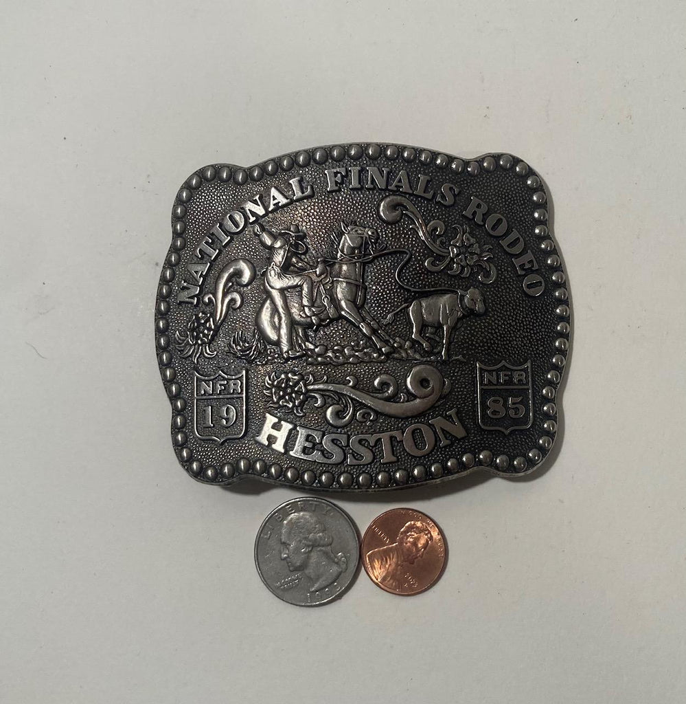 Vintage 1985 Metal Belt Buckle, NFR, National Finals Rodeo, Hesston, Nice Design, 3 3/4" x 3", Heavy Duty, Quality, Made in USA, Thick Metal