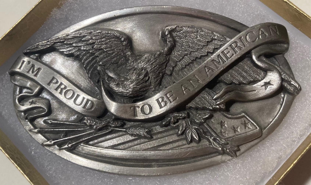 Vintage 1983 Metal Belt Buckle, I'm Proud To Be An American, Nice Design, 3 1/2" x 2", Heavy Duty, Quality, Made in USA