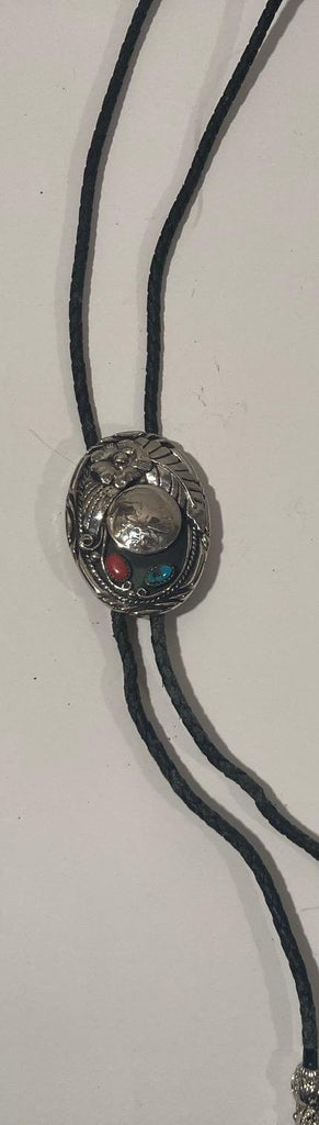 Vintage Metal Bolo Tie, Silver and Turquoise Stones, Sunflower, Nice Western Design, 2 1/4" x 1 3/4", Quality, Heavy Duty