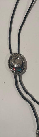 Vintage Metal Bolo Tie, Silver and Turquoise Stones, Sunflower, Nice Western Design, 2 1/4" x 1 3/4", Quality, Heavy Duty