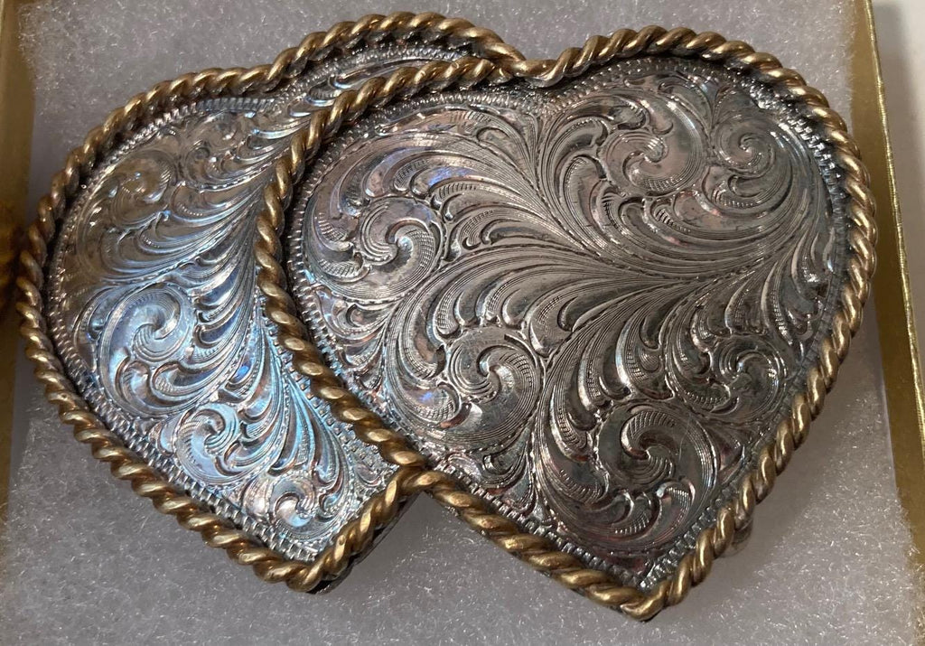 Vintage Metal Belt Buckle, Double Hearts, Montana Silversmiths, Silver Plated, Nice Design, 3 1/2" x 2 1/2", Heavy Duty, Quality