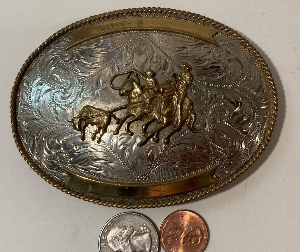 Vintage Metal Belt Buckle, Silver and Brass, Calf Roping, Rodeo, Nice Western Design,  4" x 3", Heavy Duty, Made in USA, Quality