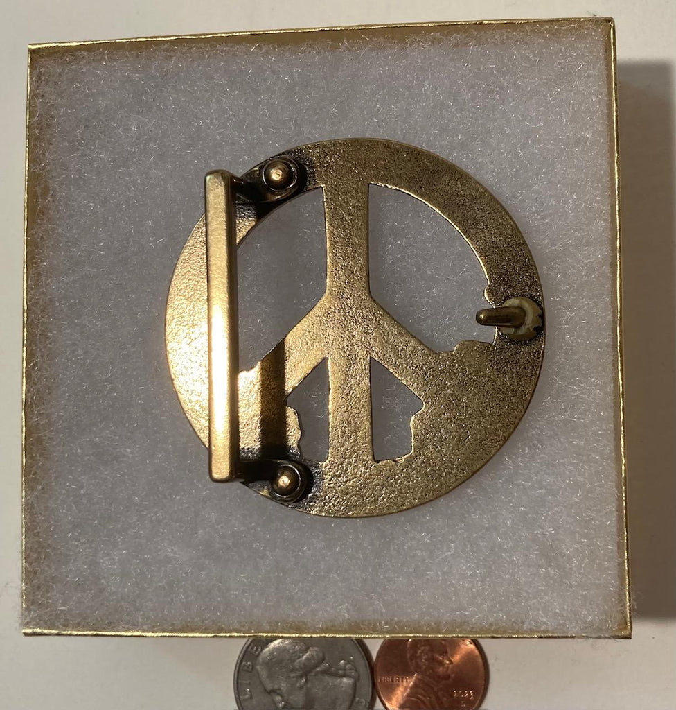 Vintage Metal Belt Buckle, Brass, Peace Sign, Flowers, Hippie, Groovy, Nice Western Design,  2 1/4" x 2 1/4", Heavy Duty, Quality