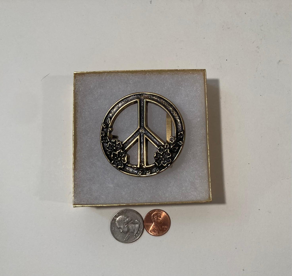 Vintage Metal Belt Buckle, Brass, Peace Sign, Flowers, Hippie, Groovy, Nice Western Design,  2 1/4" x 2 1/4", Heavy Duty, Quality