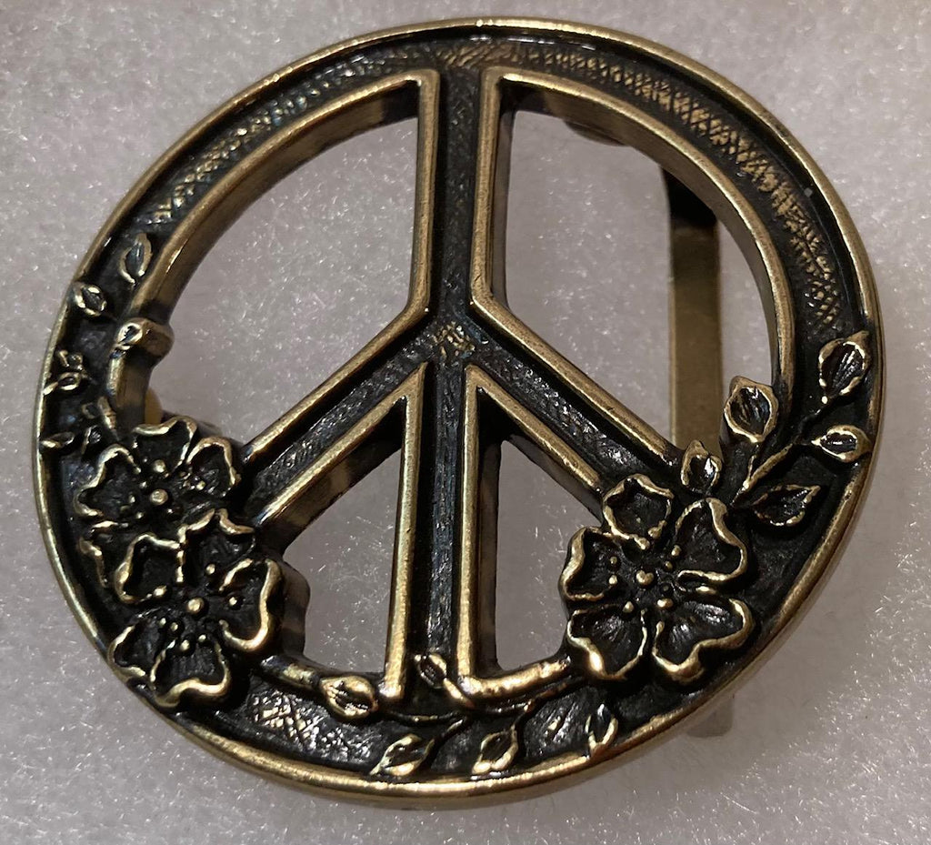 Vintage Metal Belt Buckle, Brass, Peace Sign, Flowers, Hippie, Groovy, Nice Western Design,  2 1/4" x 2 1/4", Heavy Duty, Quality