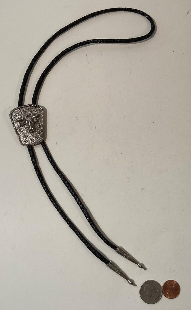 Vintage Metal Bolo Tie, Bull, Cow, Steer, Cattle, AG, Nice Western Design, 1 3/4" x 1 1/2", Quality, Heavy Duty, Made in USA