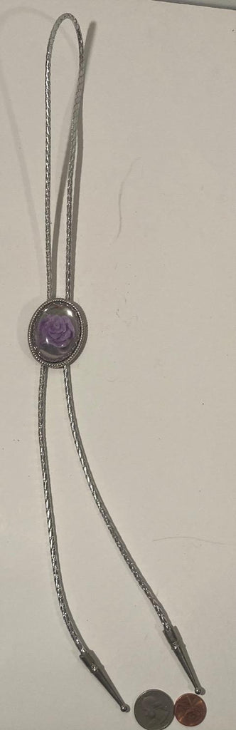 Vintage Metal Bolo Tie, Nice Purple Flower, Rose, Nice Western Design, 2" x 1 1/2", Quality, Heavy Duty