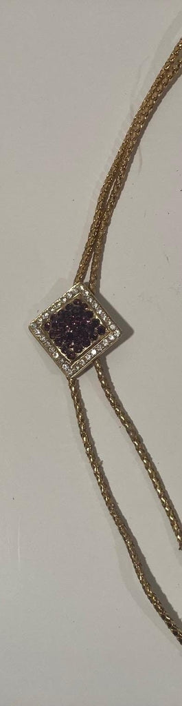 Vintage Metal Bolo Tie, Nice Purple and Clear Sparkly Stones Design, Nice Western Design, 2" x 2", Quality, Heavy Duty