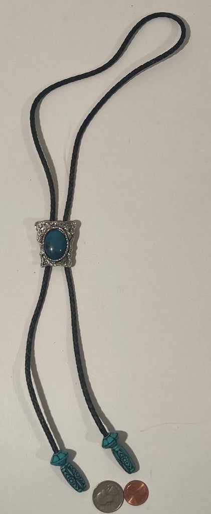 Vintage Metal Bolo Tie, Nice Silver and Blue Turquoise Nice Stone Design, Nice Western Design, 1 1/2" x 1 1/4", Quality, Made in USA, Heavy