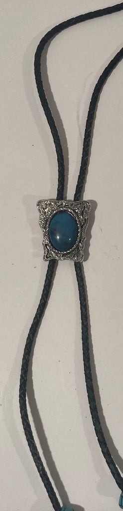 Vintage Metal Bolo Tie, Nice Silver and Blue Turquoise Nice Stone Design, Nice Western Design, 1 1/2" x 1 1/4", Quality, Made in USA, Heavy