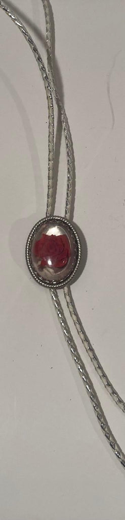 Vintage Metal Bolo Tie, Nice Red Flower, Rose, Nice Western Design, 2" x 1 1/2", Quality, Heavy Duty, Made in USA, Country & Western