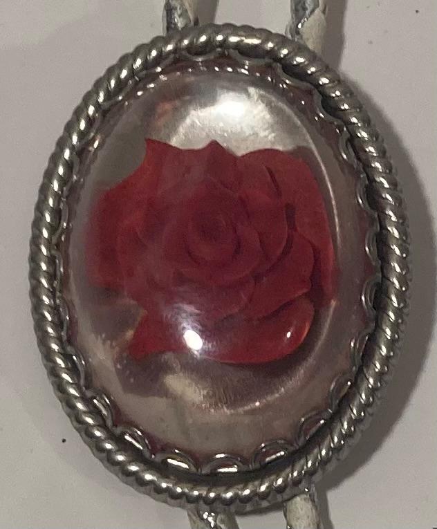 Vintage Metal Bolo Tie, Nice Red Flower, Rose, Nice Western Design, 2" x 1 1/2", Quality, Heavy Duty, Made in USA, Country & Western