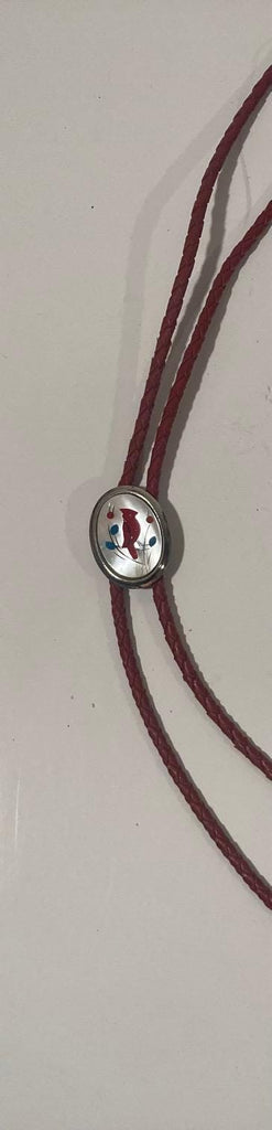 Vintage Metal Bolo Tie, Nice Cardinal Bird, Angry Bird, Mother of Pearl, Nice Western Design, 1 1/4" x 3/4", Quality, Heavy Duty