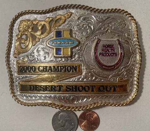 Vintage 2000 Metal Belt Buckle, Silver and Brass, 2000 Champion, Desert Shoot Out, Horse Health Products, FARNAM, Big Size