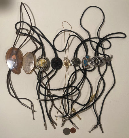 Vintage Lot of 9 Metal Bolo Ties, Nice Different Designs, Letter P, Rose, Texas, Bull, More, Heavy Duty, Made in USA, Country & Western