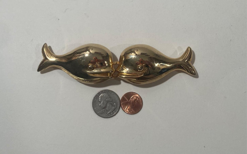 Vintage Metal Belt Buckle, 2 Piece Set, Brass, Whales, Nature, Wildlife, Nice Design, 5" x 1 1/4", Heavy Duty, Quality