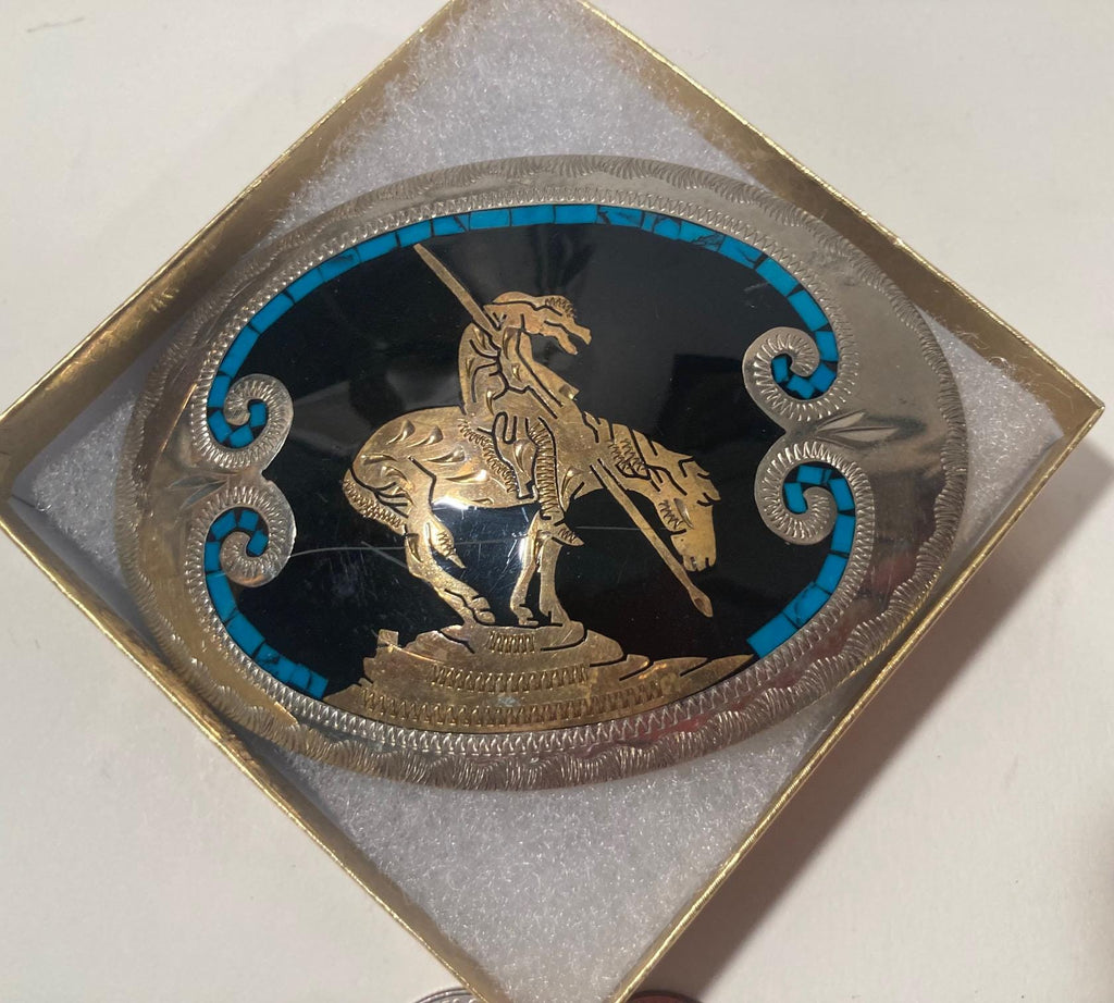 Vintage Metal Belt Buckle, Silver and Blue Turquoise, Black Enamel, Cowboy End Of The Trail, Handcrafted, Nice Western Design