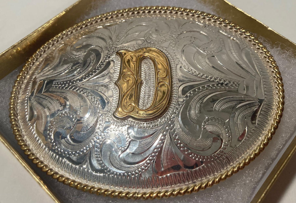 Vintage Metal Belt Buckle, Silver and Brass, Initial D, Letter D, Justin, Nice Western Design, 3 1/2&quot; x 2 3/4&quot;, Heavy Duty, Made in USA