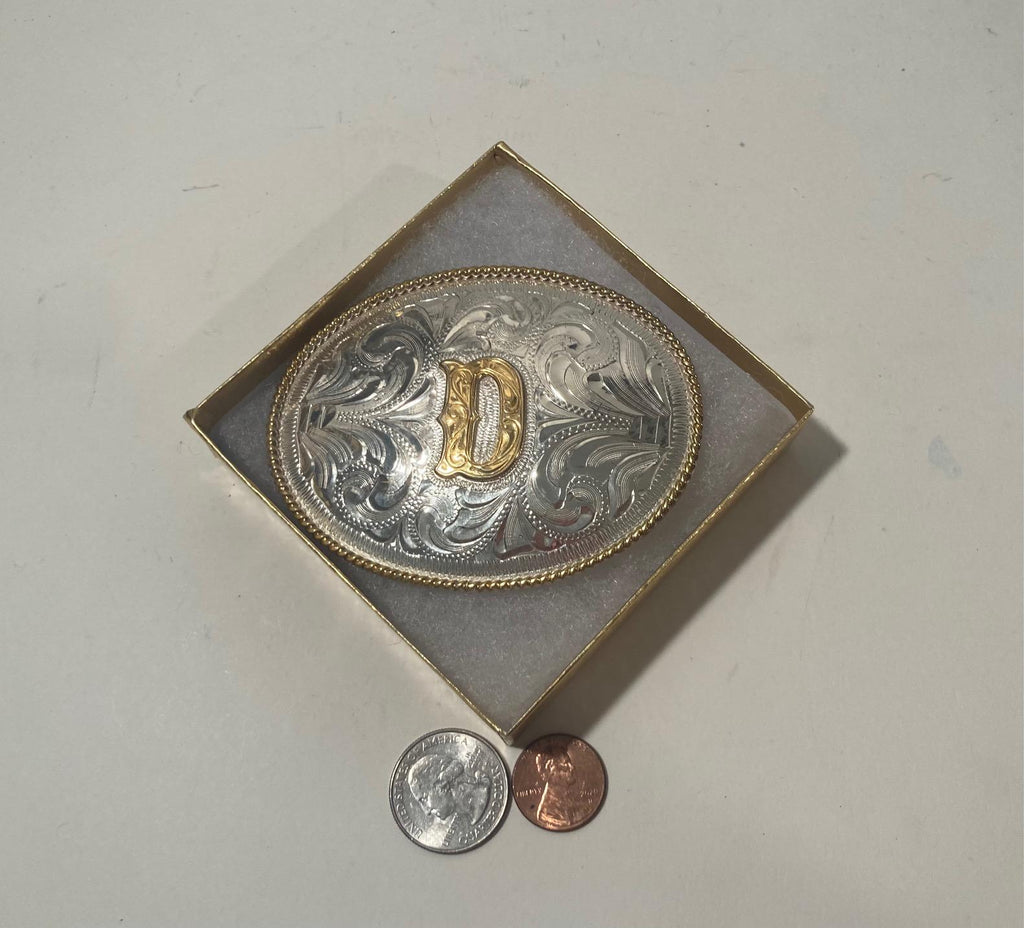 Vintage Metal Belt Buckle, Silver and Brass, Initial D, Letter D, Justin, Nice Western Design, 3 1/2&quot; x 2 3/4&quot;, Heavy Duty, Made in USA