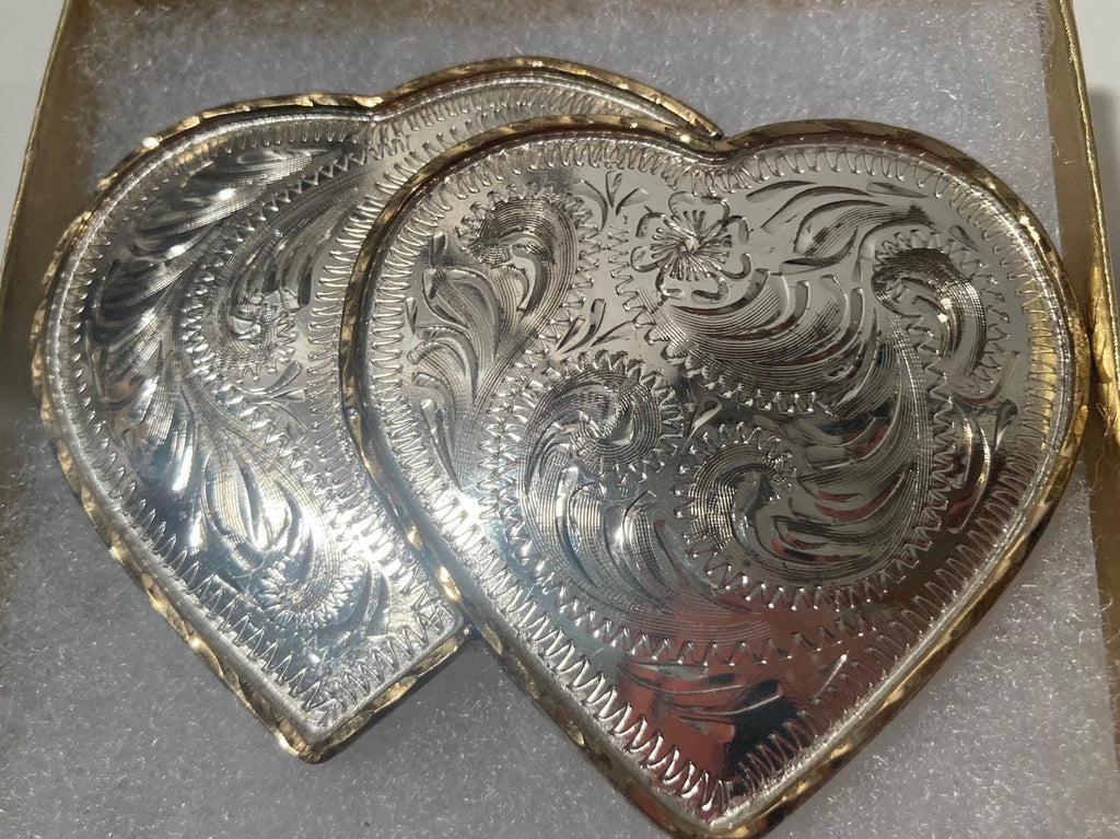 Vintage Metal Belt Buckle, Silver and Brass, Double Hearts, Nice Western Design, 3 1/2&quot; x 2 1/2&quot;, Heavy Duty, Made in USA, Quality