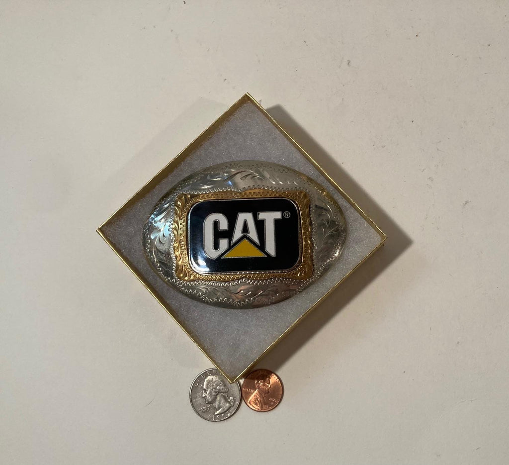 Vintage Metal Belt Buckle, Silver and Brass and Black Enamel, Cat, Caterpillar, AG, Heavy Equipment, Bill Dugger Buckles