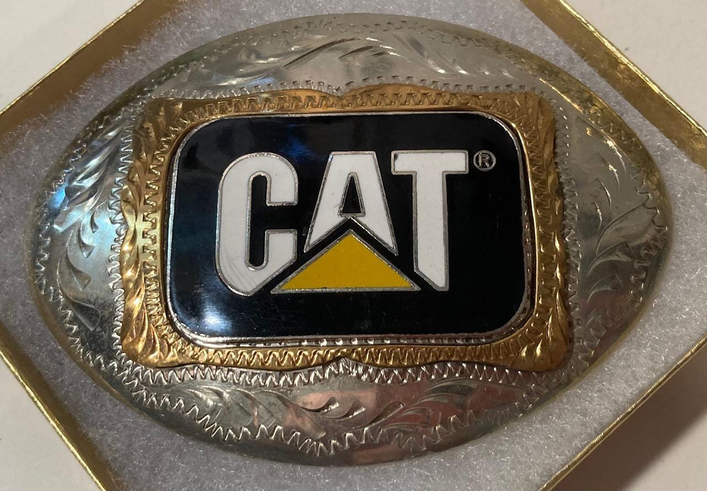 Vintage Metal Belt Buckle, Silver and Brass and Black Enamel, Cat, Caterpillar, AG, Heavy Equipment, Bill Dugger Buckles