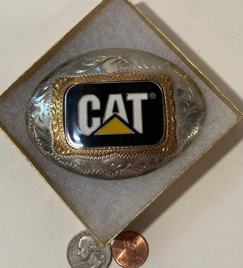 Vintage Metal Belt Buckle, Silver and Brass and Black Enamel, Cat, Caterpillar, AG, Heavy Equipment, Bill Dugger Buckles