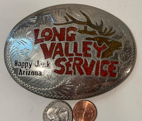 Vintage Metal Belt Buckle, Silver and Red Crushed Turquoise Stones, Happy Jack, Arizona, Long Valley Service, Elk, Wildlife