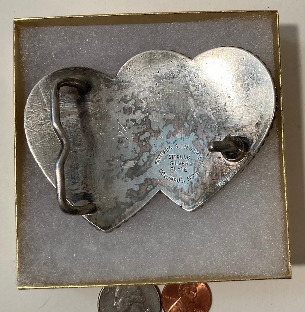 Vintage Metal Belt Buckle, Double Hearts, Montana Silversmiths, Silver Plated, Nice Design, 3 1/2" x 2 1/2", Heavy Duty, Quality