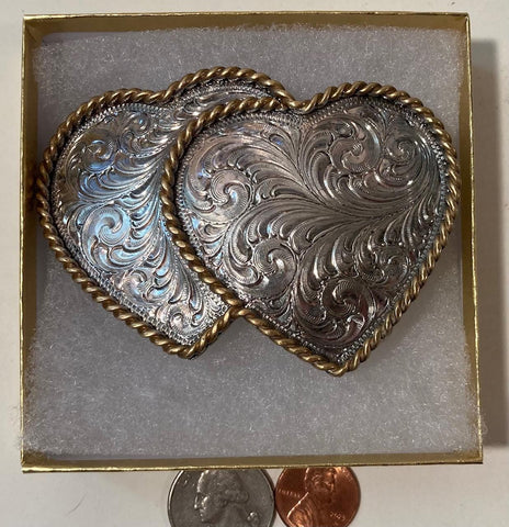 Vintage Metal Belt Buckle, Double Hearts, Montana Silversmiths, Silver Plated, Nice Design, 3 1/2" x 2 1/2", Heavy Duty, Quality