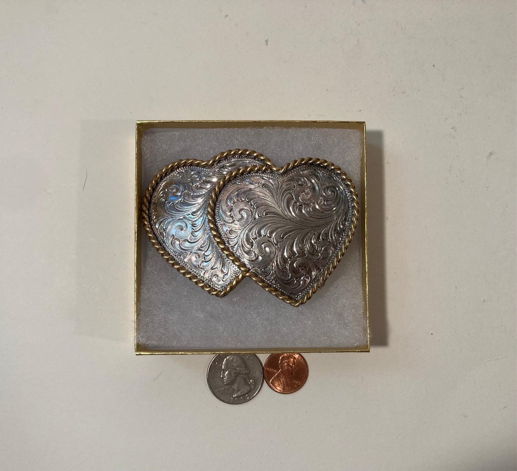 Vintage Metal Belt Buckle, Double Hearts, Montana Silversmiths, Silver Plated, Nice Design, 3 1/2" x 2 1/2", Heavy Duty, Quality