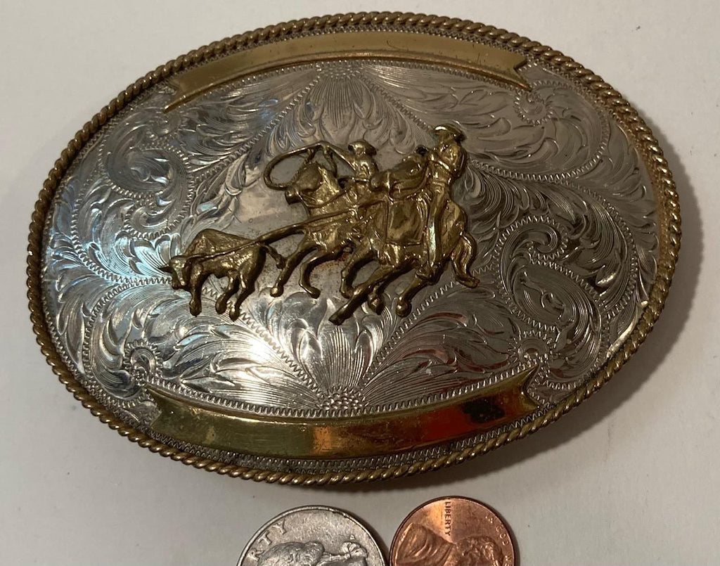 Vintage Metal Belt Buckle, Silver and Brass, Calf Roping, Rodeo, Nice Western Design,  4" x 3", Heavy Duty, Made in USA, Quality