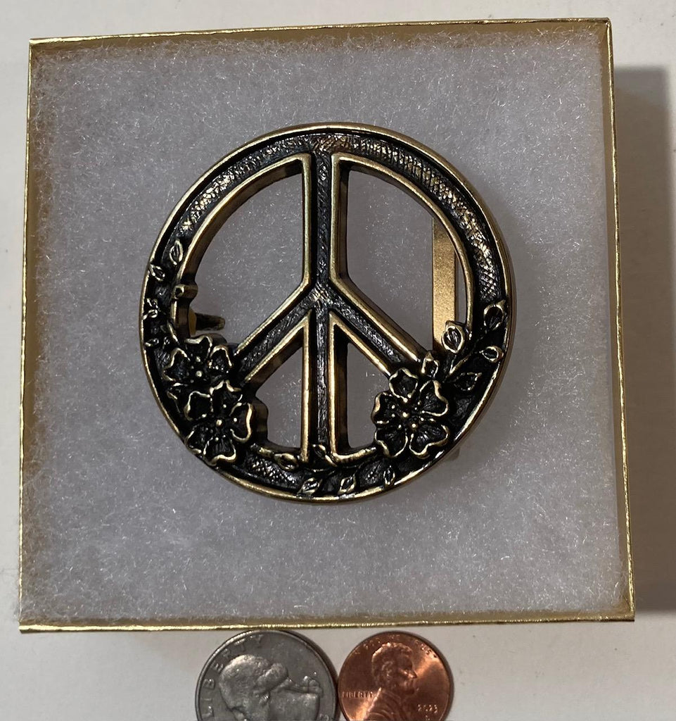 Vintage Metal Belt Buckle, Brass, Peace Sign, Flowers, Hippie, Groovy, Nice Western Design,  2 1/4" x 2 1/4", Heavy Duty, Quality