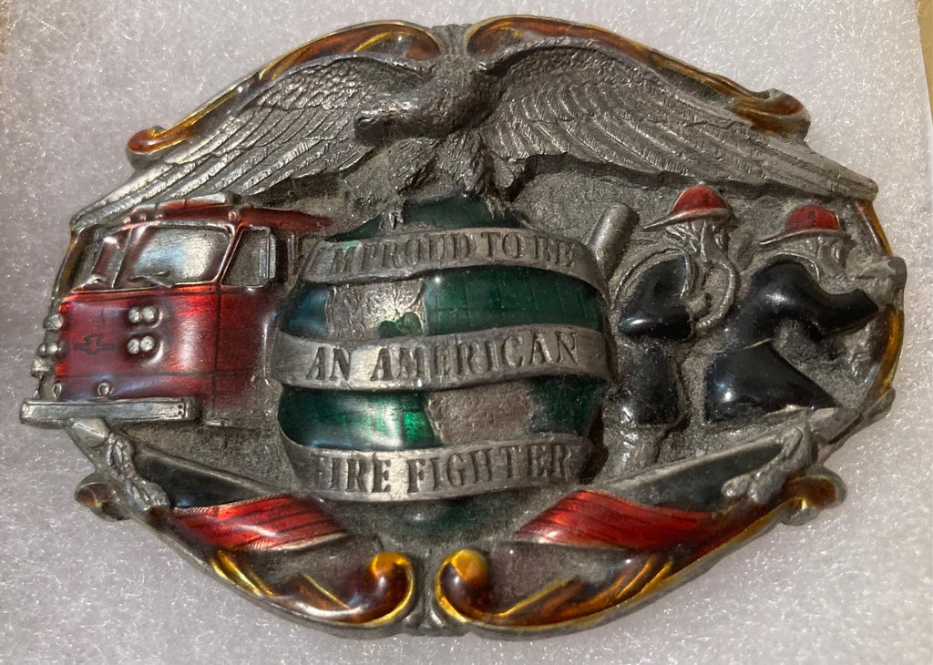 Vintage 1986 Metal Belt Buckle, Proud To Be An American Fire Fighter, Firemen, Fire Truck, Fire Department, Enamel