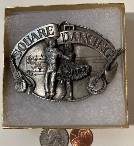 Vintage 1985 Metal Belt Buckle, Square Dancing, Banjo, Violin, Nice Western Design,  3 1/2" x 2 1/2", Heavy Duty