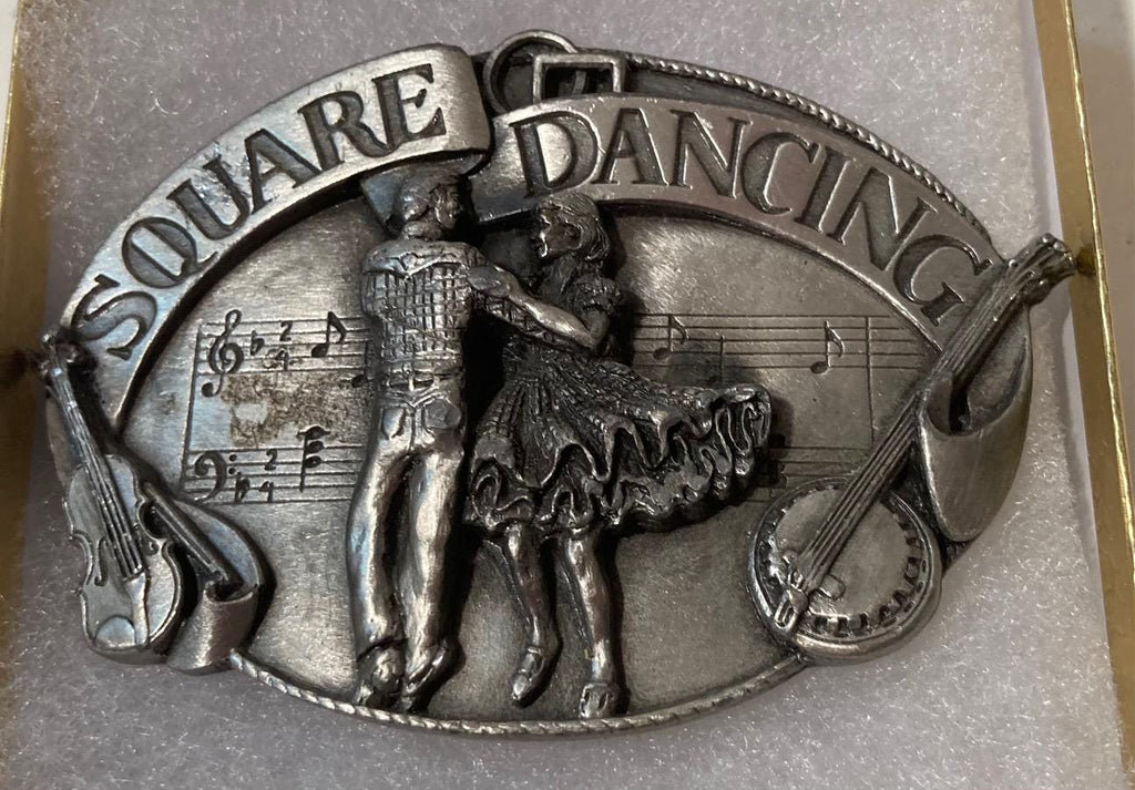 Vintage 1985 Metal Belt Buckle, Square Dancing, Banjo, Violin, Nice Western Design,  3 1/2" x 2 1/2", Heavy Duty